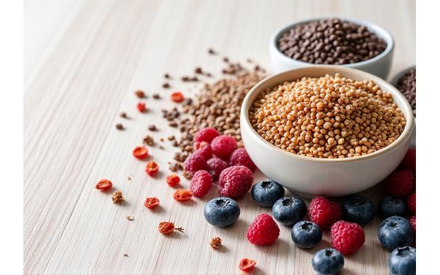 Μια ποικιλία από διεθνή superfoods όπως κινόα, σπόροι chia και ξηροί καρποί, τοποθετημένα αρμονικά σε ξύλινη επιφάνεια.