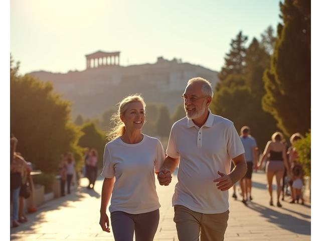 Ένας άντρας και μια γυναίκα 40+ περπατούν σε ένα πάρκο στην Αθήνα, απολαμβάνοντας τον ήλιο, με τον Παρθενώνα στο βάθος, συμβολίζοντας την ισορροπία τρόπου ζωής και περιβάλλοντος.