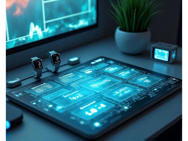 A sleek, modern dashboard displaying various biometric data points like heart rate, sleep cycles, and activity levels, with icons of integrated wearable devices such as smartwatches and fitness trackers.