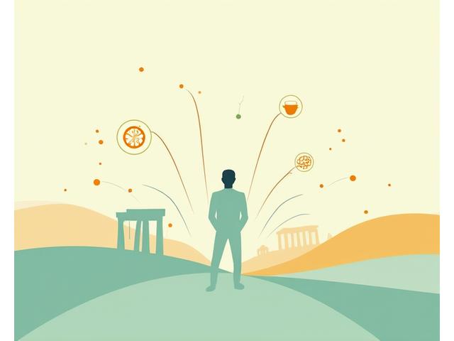 A conceptual image depicting a complex network of daily life elements: a clock, a calendar with appointments, a family silhouette, a cityscape of Athens, and icons representing personal preferences, all connected to a central 'lifestyle' hub.
