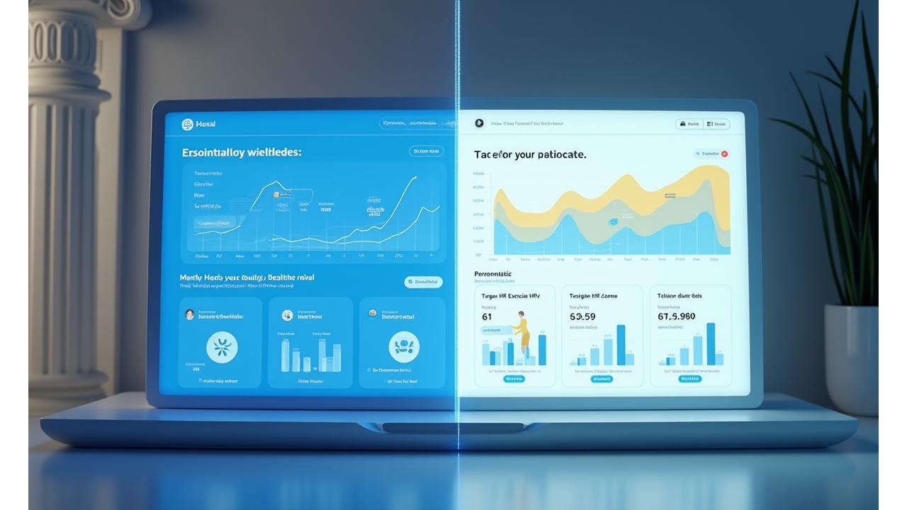 Interactive dashboard showing a split-screen comparison of generic vs. personalized wellness recommendations, with data points and graphs, reflecting a user's unique profile.