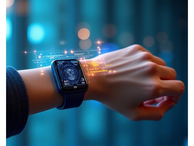 Άτομο με wearable στο χέρι, το οποίο προβάλλει ολογραφικά δεδομένα υγείας (καρδιακοί παλμοί, γλυκόζη) σε ένα καθαρό φόντο.