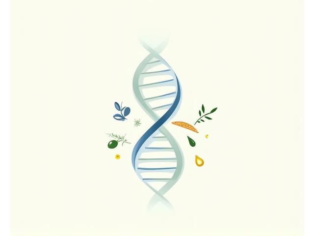 Απλοποιημένη απεικόνιση δομής DNA με εικονίδια τροφίμων γύρω της, που αντιπροσωπεύουν την εξατομικευμένη διατροφή.