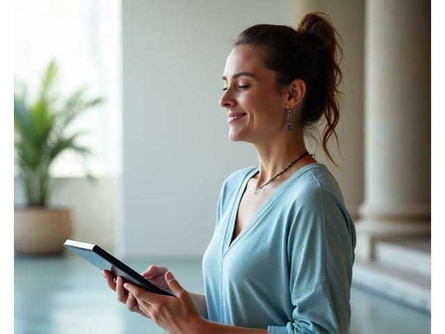 Μια γυναίκα 40+ εξετάζει δεδομένα υγείας σε tablet ενώ κάνει γιόγκα, με φόντο σύγχρονης μονάδας υγείας στην Αθήνα.